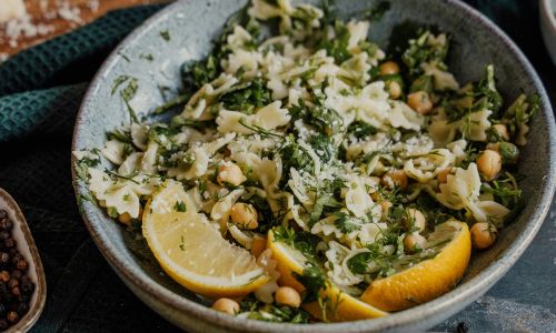 bowl of pasta salad with vegetables
