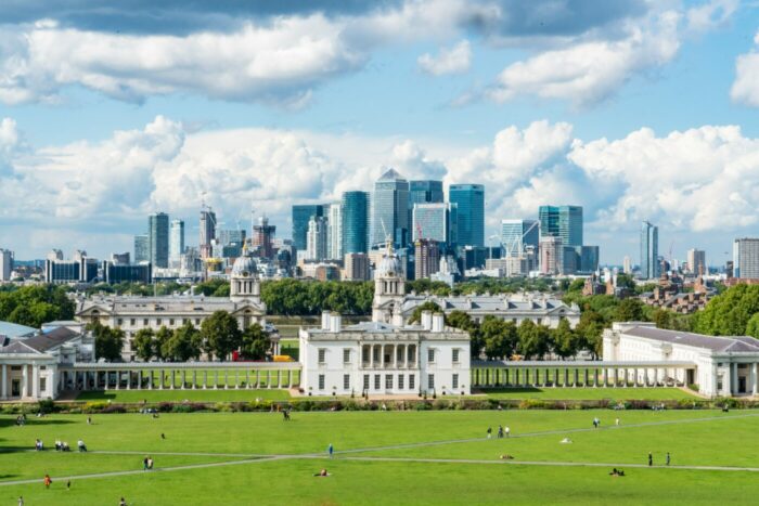 Consider location for student housing. London skyline and Greenwich park
