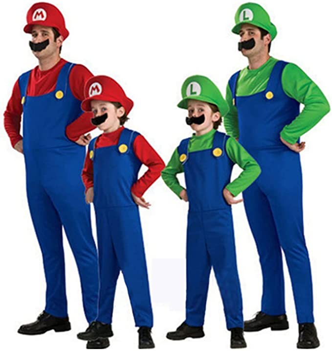 children and men dressed as Mario and Luigi Super Mario Brothers — group fancy dress ideas