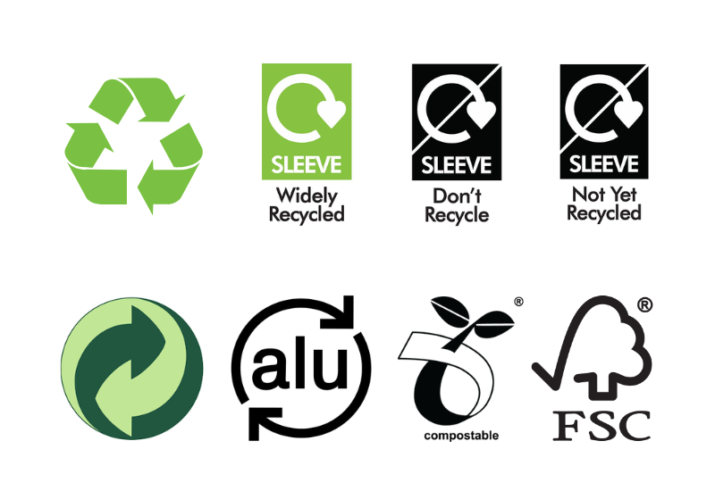 Recycling symbols T-B, L-R: Mobius Loop, Widely Recycled, Don’t Recycle and Not Yet Recycled, Green Dot Symbol, Recyclable Aluminium, Compostable, Forest Stewardship Council Logo