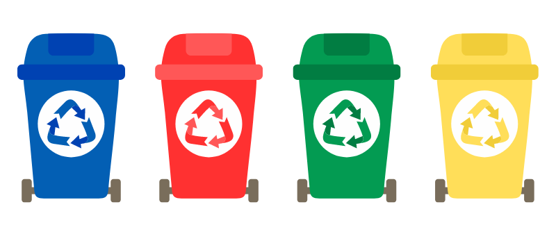 Blue, red, green and yellow recycling bins