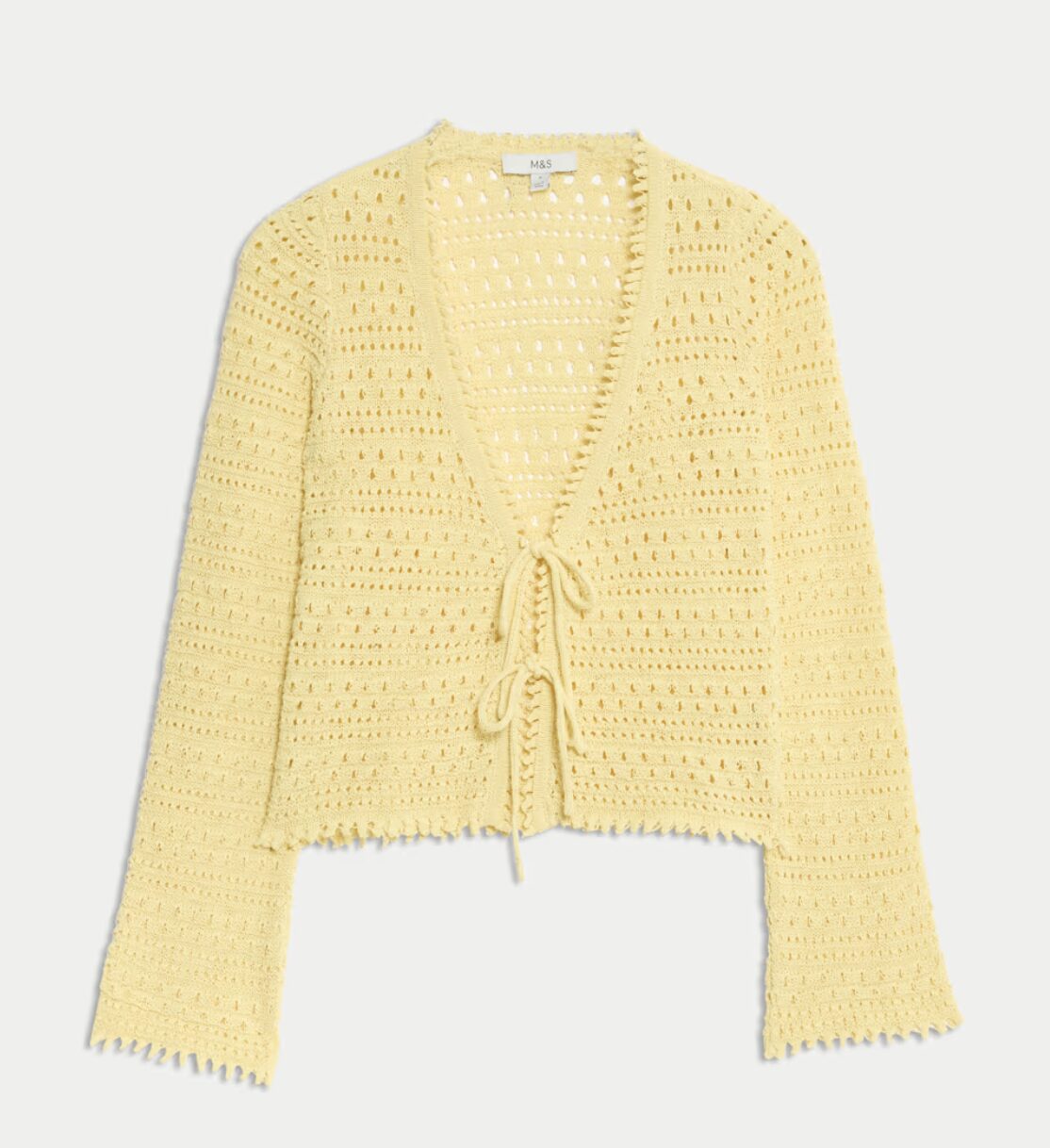 Cotton Blend Pointelle V-Neck Tie Front Cropped Cardigan