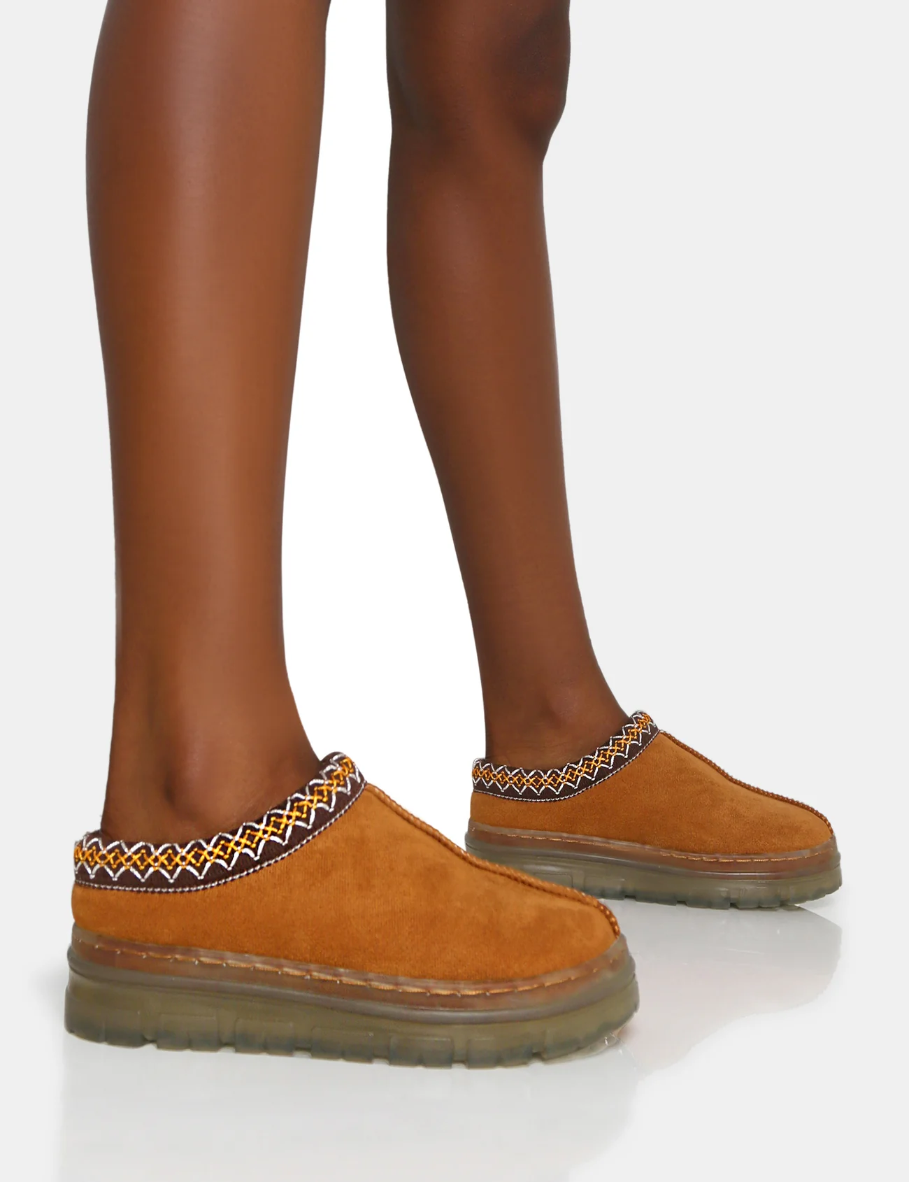 Nala Tan Faux Suede Embroidered Slipper Platform Boots — Public Desire, £8 - Ugg tasmans dupes