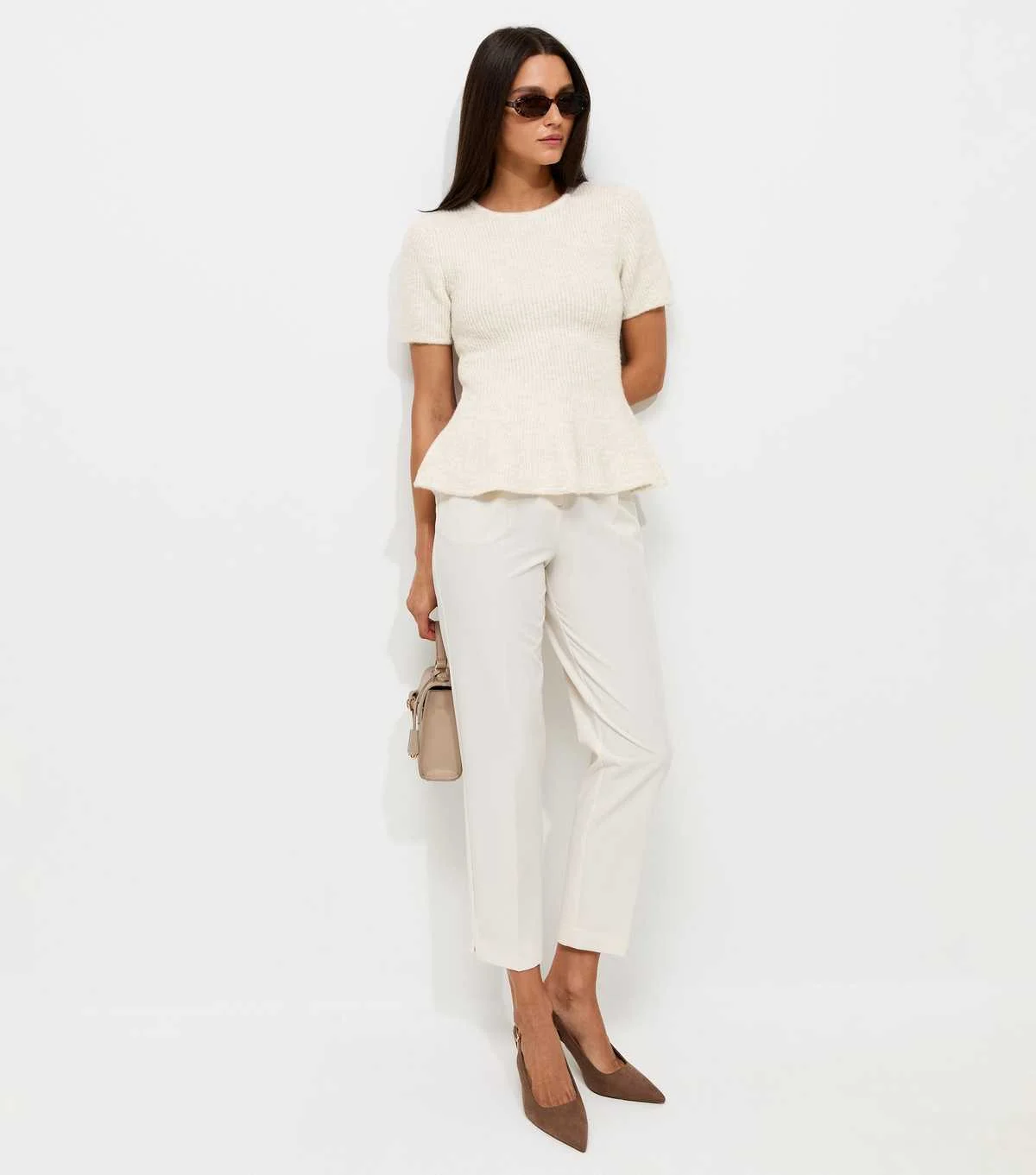 Cream Ribbed Knit Peplum Hem T-Shirt