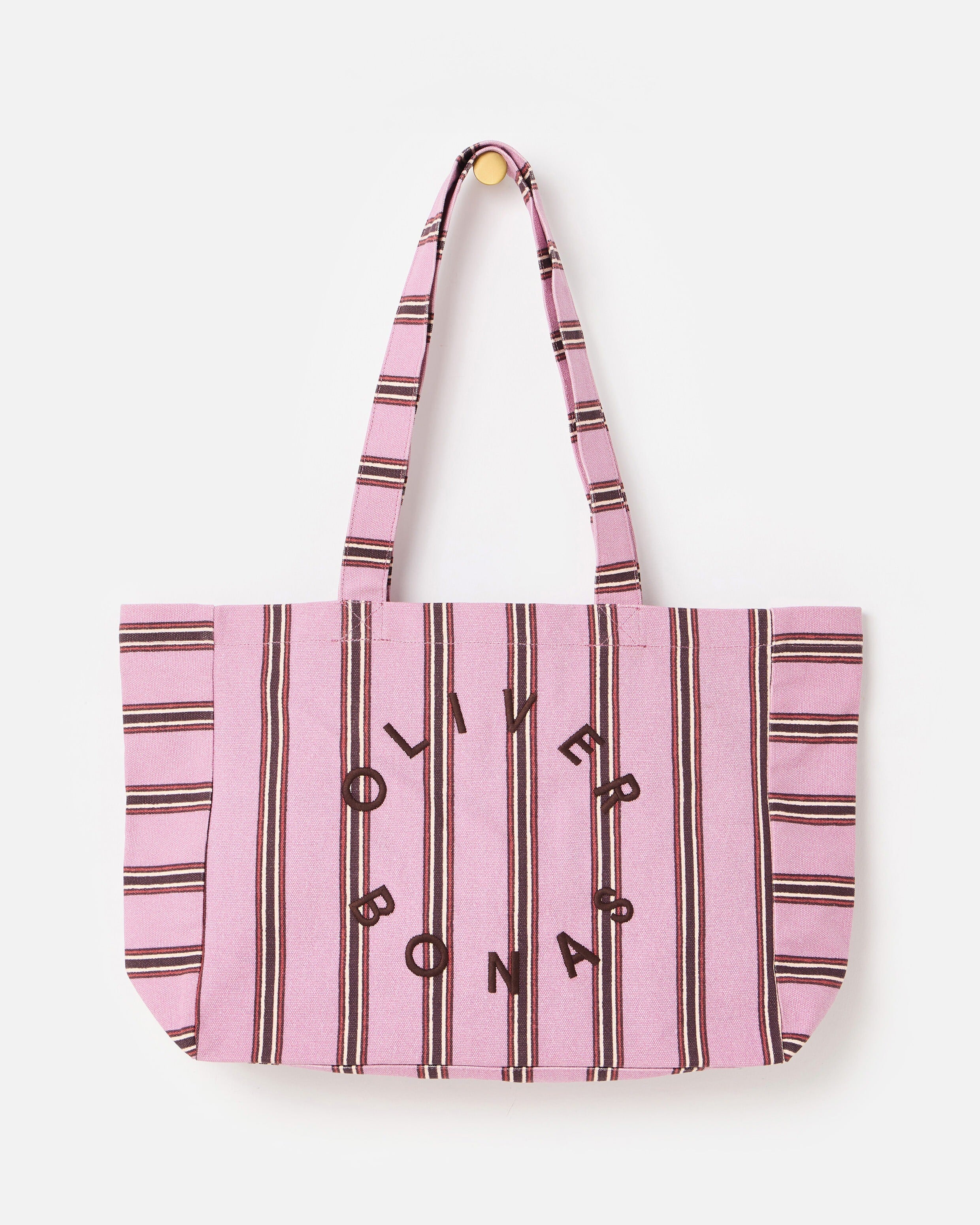 Pink & Brown Striped Logo Fabric Tote Shopper Bag