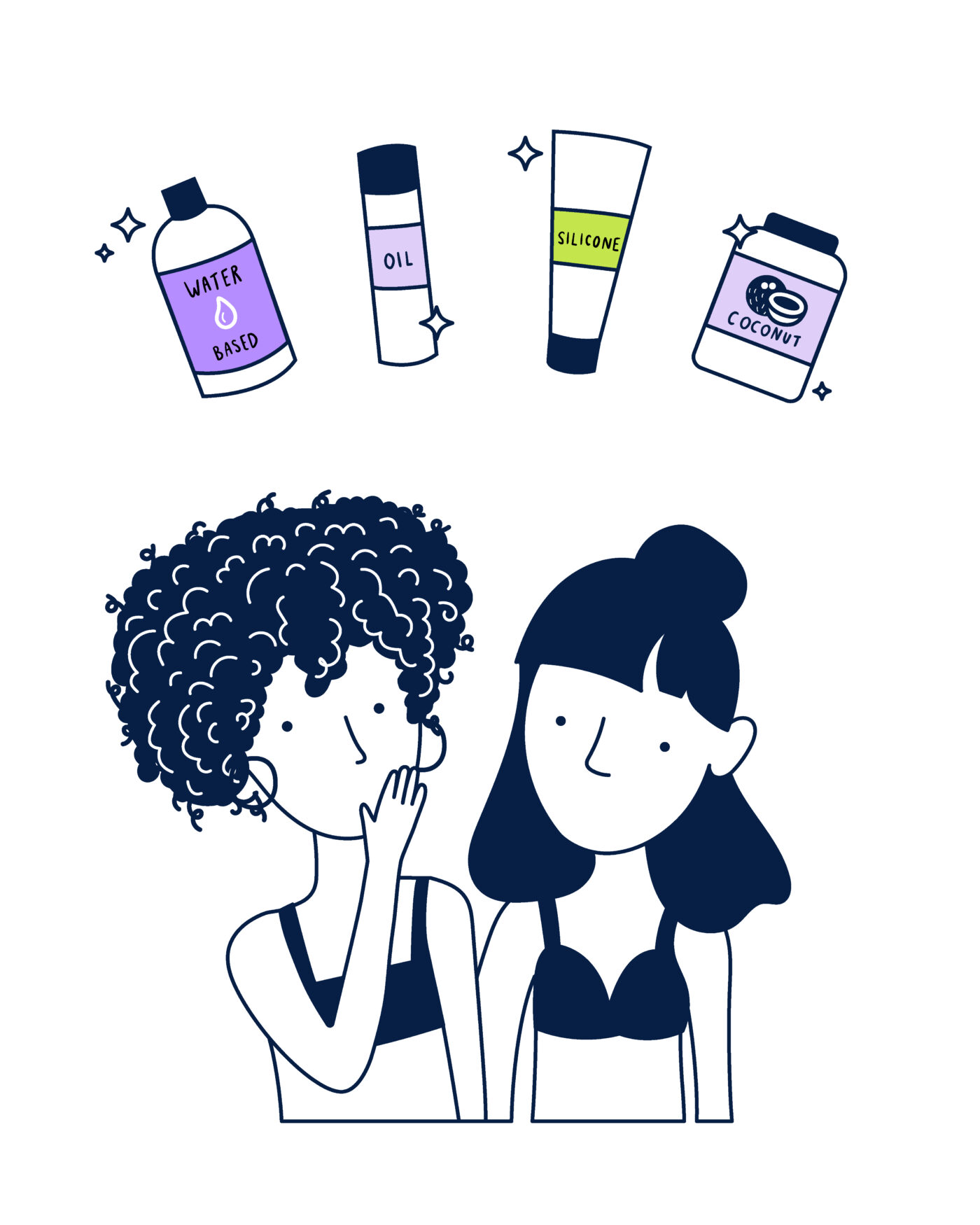 two girls looking at different types of lube